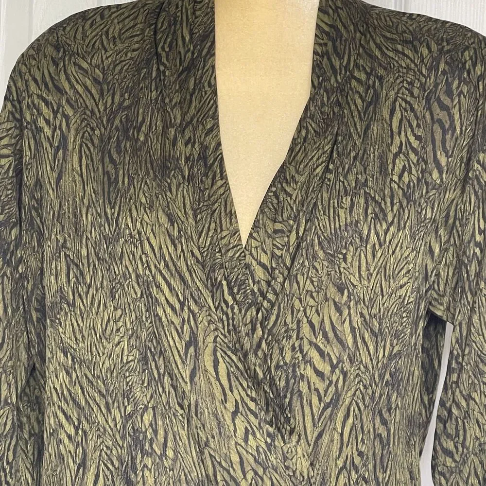 Anne Klein Vintage Silk Blouse Size 8 Green Black Surplice Button Front Top